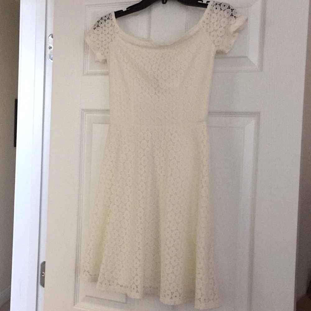 Off the shoulder dress.